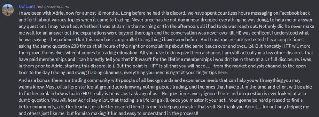 Danny's review of option trading education in Humble Profit Trading Discord