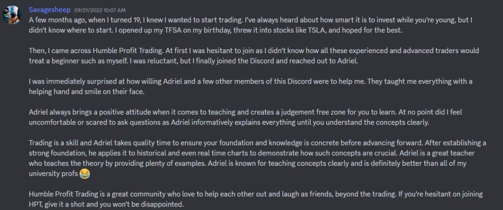 Marus's review of option trading education in Humble Profit Trading Discord