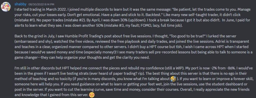 Helen's review of option trading education in Humble Profit Trading Discord